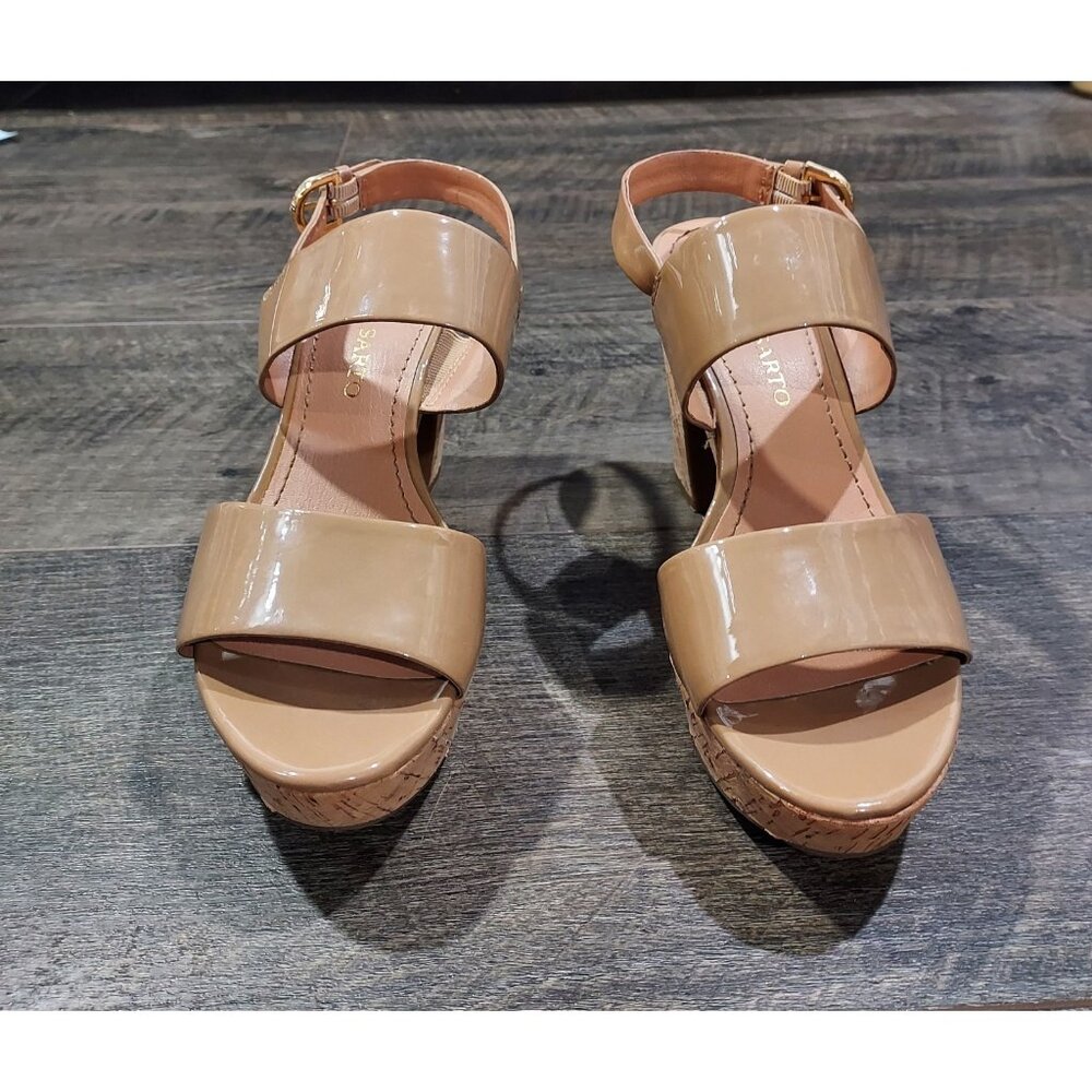 Franco Sarto Block Heel Sandal Women Size  7.5 Camel Patent Leather 4” Heel - Picture 2 of 9